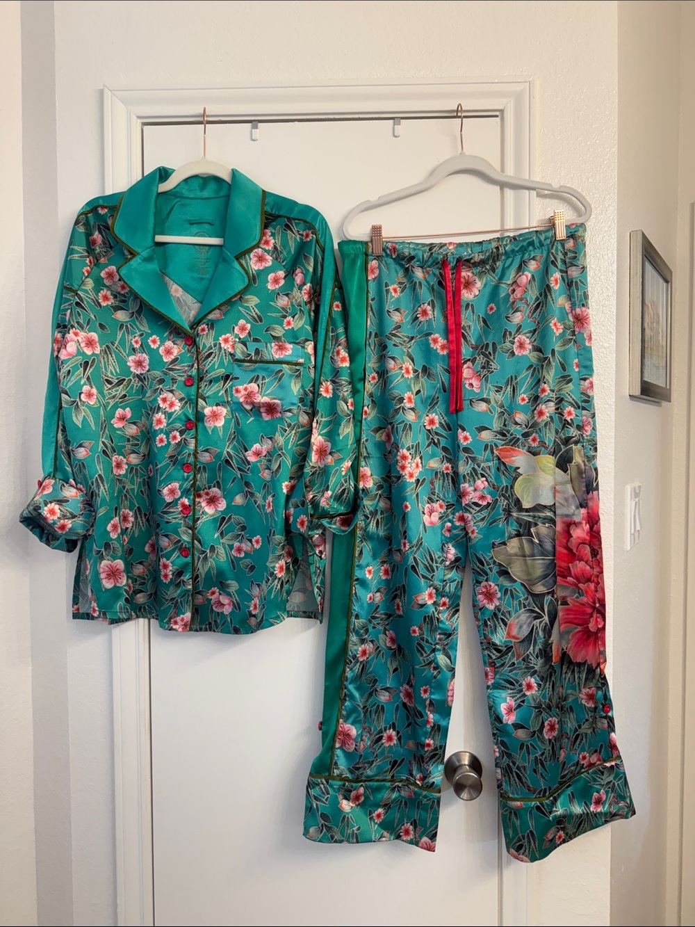 Floral Satin Teal Pajama Set with Contrast Trim